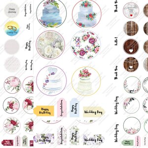 16 páginas A4 - Etiquetas para ocasiones especiales. Scrapbooking en papel digital, confección de tarjetas. Bodas, cumpleaños, agradecimientos sobre fondo blanco, corte a mano
