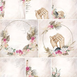 Papel digital Dream Day Wedding para todos los trabajos de scrapbooking. Papel digital boho. Manos de pareja, flores rosas, hojas secas, papel digital para bodas
