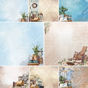 May include: A digital paper pack with a vintage theme featuring images of books, clocks, plants, and a chair. The background is a soft blue and beige.