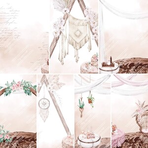 Fondo de papel digital para bodas de estilo boho para tarjetas y álbumes de recortes. Colores marrón y beige y temática de estilo boho. Escena natural.