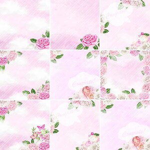 Rosa celestial. Papel digital para scrapbooking de niña. Rosa rosa, nubes, bienvenida a la niña. Creador de tarjetas, invitaciones. Sublimación. Cumpleaños.