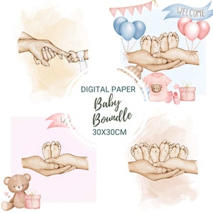 40 pagine baby bindle. digitale per scrapbooking, creazione di biglietti, elementi per bambini: mani, orsacchiotto, neonato, doccia, blu verde rosa. Sublimazione