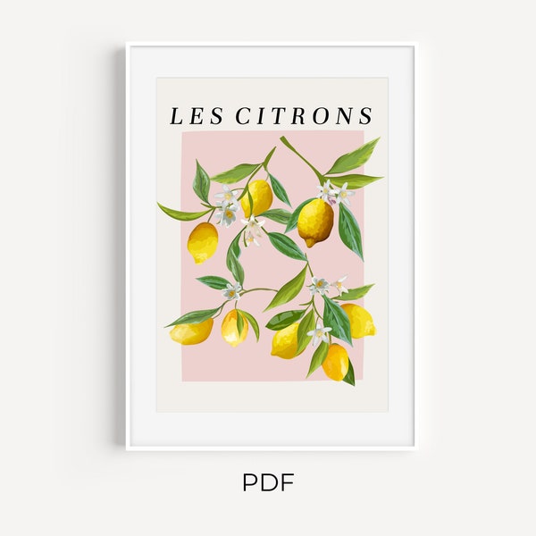 Les citrons - pink, citrus with white flowers | Instant Download | Digital Design