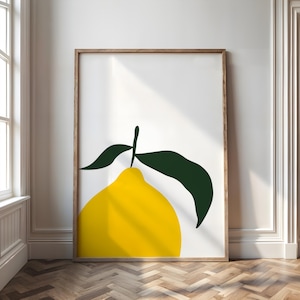 May include: A minimalist illustration of a yellow lemon with green leaves on a white background.