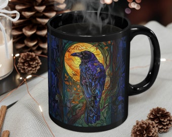 Beautiful Raven in a Forest Coffee Mug (11oz, 15oz) - black mug- unique raven stained glass effect art - ceramic mug