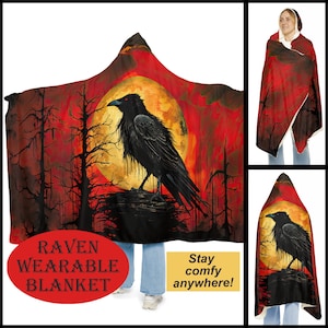 Red Sky Raven in front of a Full Moon Snuggle Blanket - blanket hoodie - wearable blanket - hooded blanket