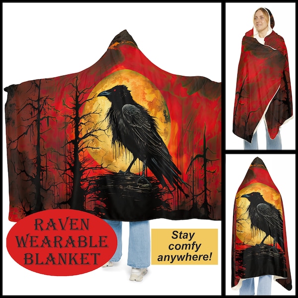 Red Sky Raven in front of a Full Moon Snuggle Blanket - blanket hoodie - wearable blanket - hooded blanket