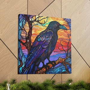 Gothic Raven in a Tree Canvas Gallery Wraps Wall Art, colorful raven art, crow canvas art, colorful nature wall art, colorful crow art