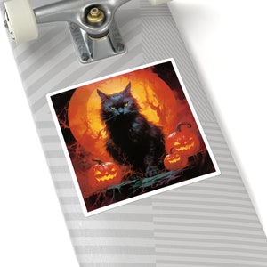 Halloween Black Cat with Jack-o-Lantern Pumpkins Square Sticker