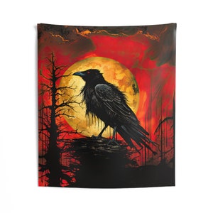 Raven Full Moon Red Sky Fantasy Art Indoor Wall Tapestry