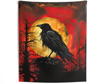 Raven Full Moon Red Sky Fantasy Art Indoor Wall Tapestry