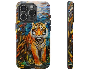 Könnte beinhalten: Eine Handyhülle mit einem farbenfrohen abstrakten Design, das einen Tiger in der Mitte zeigt. Der Tiger ist orange, schwarz und weiß vor einem blauen Hintergrund. Die Hülle ist schwarz und hat einen Kameraausschnitt.