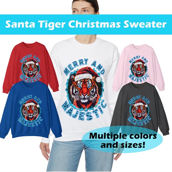 Santa Tiger Christmas Sweater Merry and Majestic Unisex Heavy