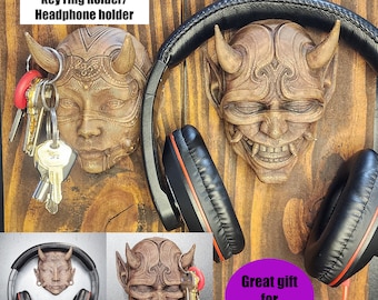 Demon Headphone and/or Key hangers. Oni (male)  and Hannya (female) versions. rustic wall art