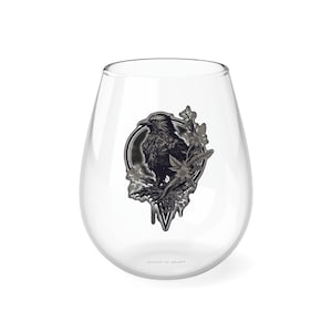 Gothic Raven in Black and White -- Stemless Wine Glass, 11.75oz