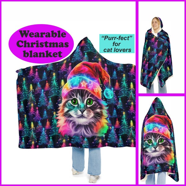 Cute Colorful Cat in a Santa Hat Christmas Snuggle Blanket - Gift for Cat Lovers - blanket hoodie - wearable blanket