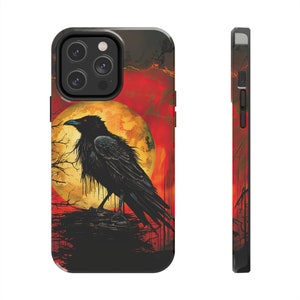 Raven Full Moon Red Sky Fantasy Art Tough Phone Cases for iphone 14, iPhone 14 Pro, iPhone 14 Pro Max, and iPhone 14 Plus, Raven phone case