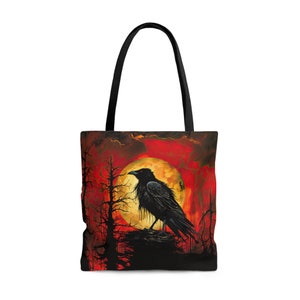 Raven Full Moon Red Sky fantasy art reusable tote bag