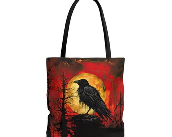 Raven Full Moon Red Sky fantasy art reusable tote bag