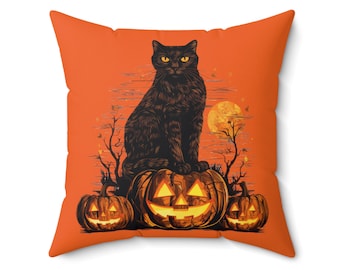 Cuscino quadrato in poliestere filato con gatto nero su zucca di Halloween, decorazione di Halloween, cuscino per la stagione spettrale, cuscino con gatto nero e zucca di Halloween
