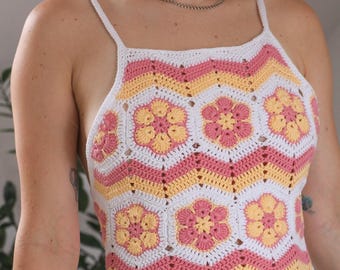Crochet Backless Top Pattern - Flower Lace-Up Back Hexagon Top (PDF Pattern)
