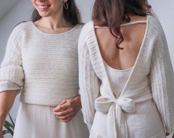 CROCHET PATTERN - Claire Sweater - Crochet Bow Sweater, Open Back Sweater Pattern, Elegant Boat Neck Sweater, Easy Croped Crochet Sweater