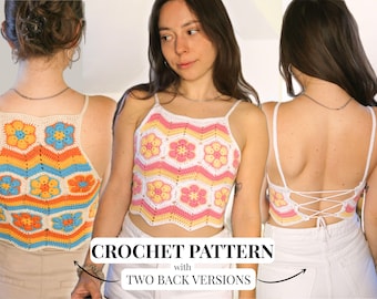 Crochet Hexagon Flower Tank Top Pattern – Retro African Flower Design (2 versions PDF)