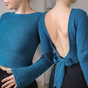 CROCHET PATTERN - Claire Blouse: Crochet Backless Top Pattern, Crochet Long Sleeve Top, Elegant Open Back Blouse, Crochet Top with Bow