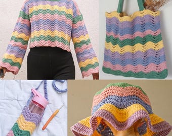 CROCHET PATTERN BUNDLE - Wavy Sweater, Bucket Hat, Tote Bag, Water Bottle Bag