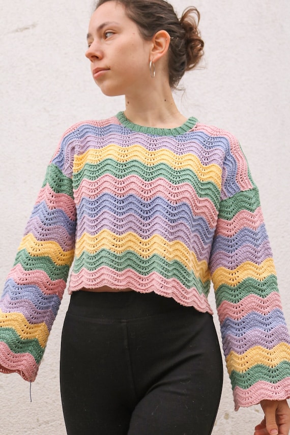 ストライプ柄のクロシェ編みウェーブセーター - クロシェ編み図 - Etsy