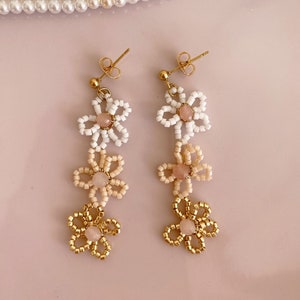 Beaded Pastel Flower Drop Earrings, Gold, Blush Pink Flower Drops, Coquette, Romantic, Feminine, Elegant, Gift for Sister, Gift For Her