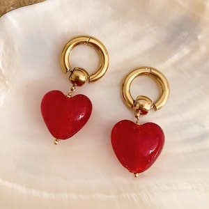 Red Glass Heart Drop Earrings, Heart Drops, Romantic, Love, Feminine, Bold, Exquisite, Valentine Earrings, Stainless Steel, Gift for Her