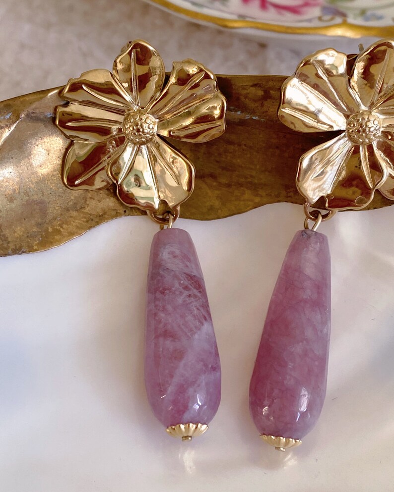 Amethyst Flower Drop Earrings, Purple Gemstone, Floral Jewelry, Elegant, Feminine, Romantic, Unique, Charming, Stainless Steel, Gift for Her image 4