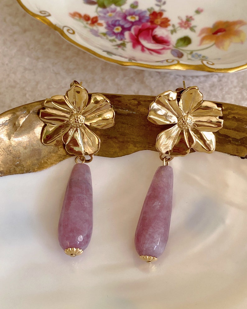 Amethyst Flower Drop Earrings, Purple Gemstone, Floral Jewelry, Elegant, Feminine, Romantic, Unique, Charming, Stainless Steel, Gift for Her image 2