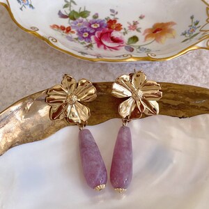 Amethyst Flower Drop Earrings, Purple Gemstone, Floral Jewelry, Elegant, Feminine, Romantic, Unique, Charming, Stainless Steel, Gift for Her image 3
