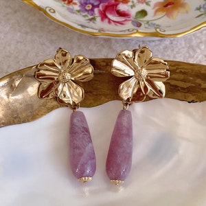 Amethyst Flower Drop Earrings, Purple Gemstone, Floral Jewelry, Elegant, Feminine, Romantic, Unique, Charming, Stainless Steel, Gift for Her image 1