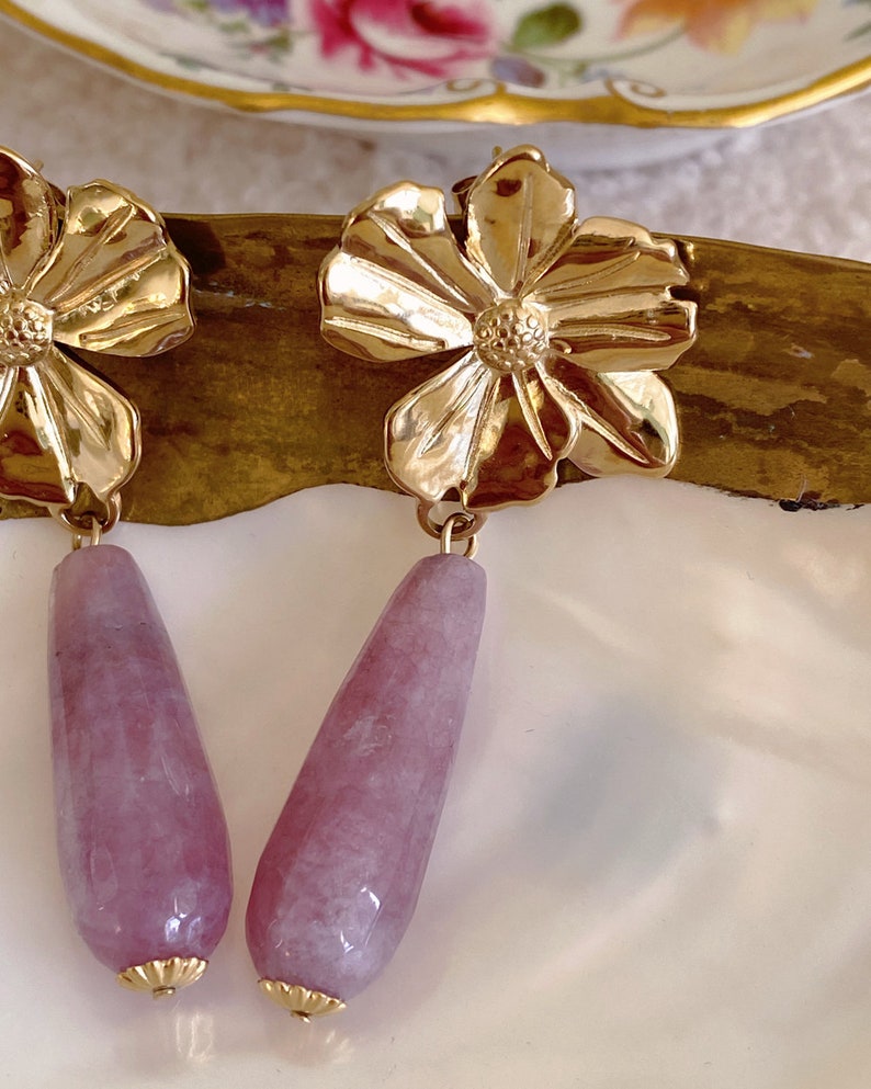 Amethyst Flower Drop Earrings, Purple Gemstone, Floral Jewelry, Elegant, Feminine, Romantic, Unique, Charming, Stainless Steel, Gift for Her image 5
