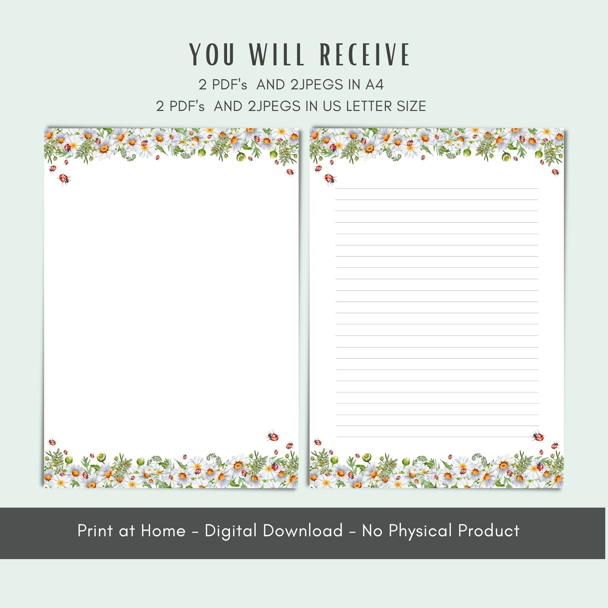 A4 Printable Stationery Daisies and Ladybirds Printable - Etsy