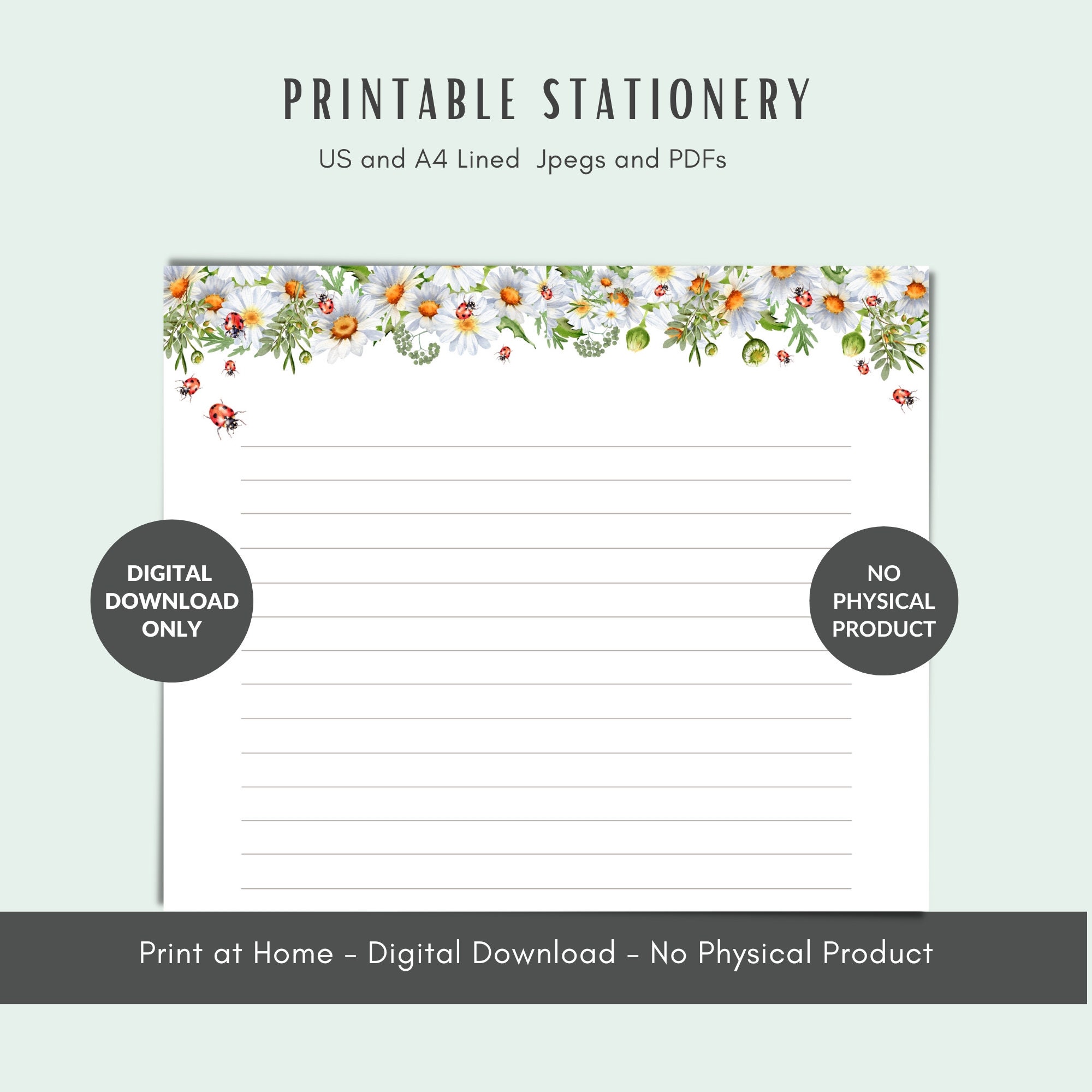 A4 Printable Stationery Daisies and Ladybirds Printable - Etsy