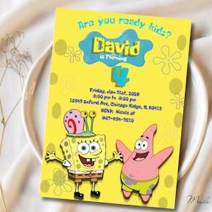 May include: A bright yellow rectangular birthday invitation card featuring SpongeBob SquarePants and Patrick Star. The text reads: Are you ready kids? David is turning 4. Friday, Jan 31st, 2026, 8:00 pm to 9:00 pm, 10543 Oxford Ave, Chicago Ridge, IL 60415.