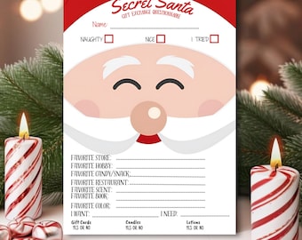 May include: A printable Secret Santa gift exchange questionnaire with a cartoon Santa Claus face. The questionnaire asks for favorite store, hobby, candy/snack, restaurant, scent, book, color, and whether the recipient wants gift cards, candles, or lotions.