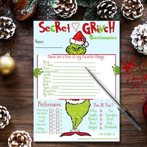 Grinch Natale, Grinch, Decorazione Grinch, Regalo segreto di Babbo Natale, Questionario segreto di Babbo Natale per adulti, Modulo segreto di Babbo Natale, Modulo stampabile