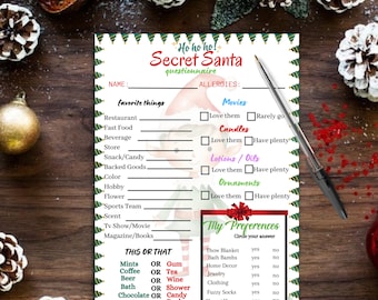 May include: A printable Secret Santa questionnaire with a festive Christmas elf illustration. The questionnaire asks for favorite things, allergies, and preferences for gifts. It includes options like movies, candles, lotions, ornaments, and more.