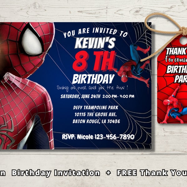 Editable Spider Man Birthday Invitation Template, Printable Birthday Party Invitation, Digital Kids Party Template, Spiderman Thank you Tag,