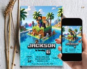 Mine Craft, Boys Birthday Invite, Gaming Birthday, Pool Party Invite, Gamer Invite, Pixel Party, Video Game Invite, Boys Birthday Card
