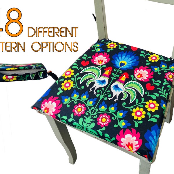 Polish Chair Cushions with Folk Art Patterns for Home Decor, Custom Size Dining Chair Pads