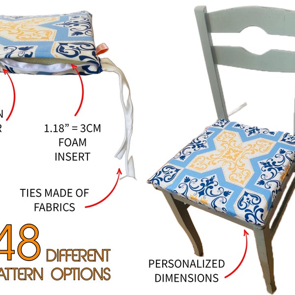 Chair Cushions with Ottoman Ceramic Patterns, Custom Size