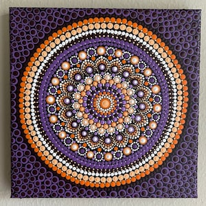 Circle Mandala Dot Painting in Purple, Orange, and White