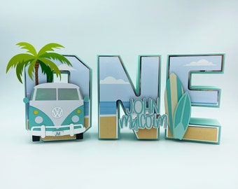 Letras 3D de surf, cumpleaños de surf, fiesta de cumpleaños de surf, letras 3D de vagón de surf