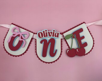 Banner de cumpleaños para silla alta de Cherry Coquette, decoración de cartulina 3D